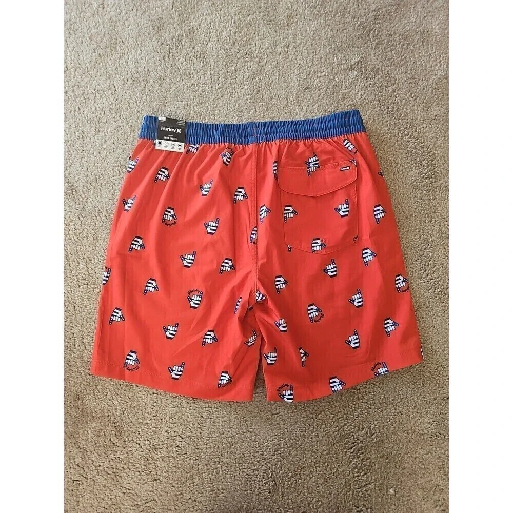 Hurley Red Volley Swim Shorts Stay Fly BBQ Patriotic Large